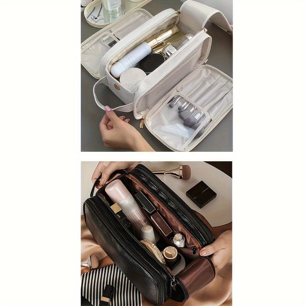 Showlu large trifold PU leather cosmetic bag with water-resistant exterior, spacious design for makeup and toiletries storage.