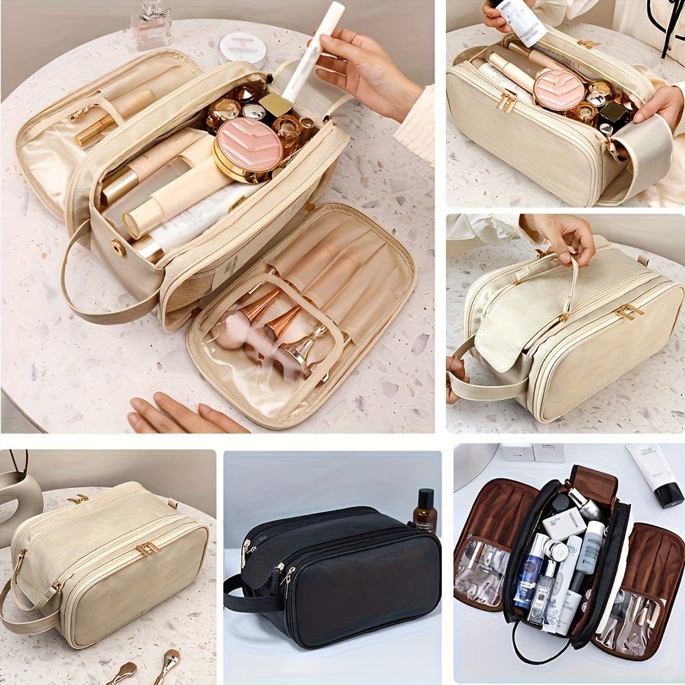 Large Showlu Fashion trifold PU leather cosmetic bag with multiple compartments, water-resistant travel makeup and toiletries storage case