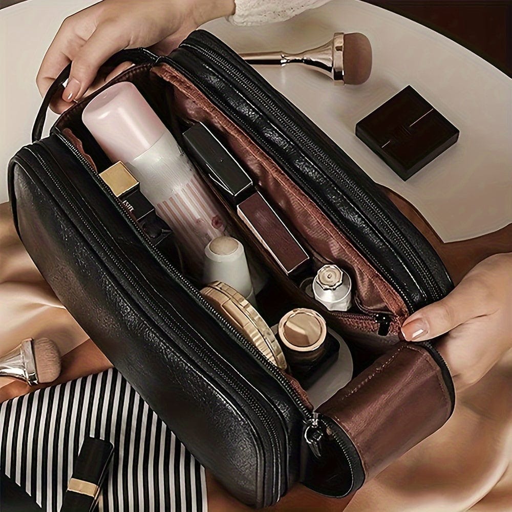 Large Showlu Fashion trifold PU leather cosmetic bag with multiple compartments, water-resistant travel makeup and toiletries storage.