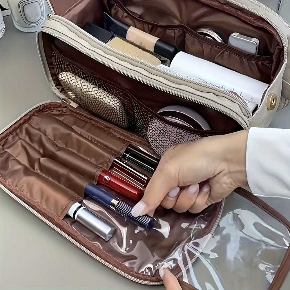 Showlu large trifold PU leather cosmetic bag with water-resistant design, ideal for makeup, toiletries, and travel storage.