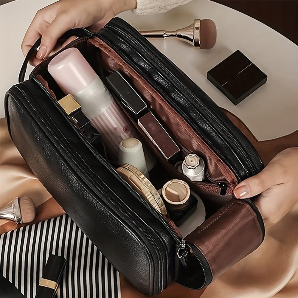 Large Showlu Fashion trifold PU leather cosmetic bag with multiple compartments, water-resistant travel makeup and toiletries storage.