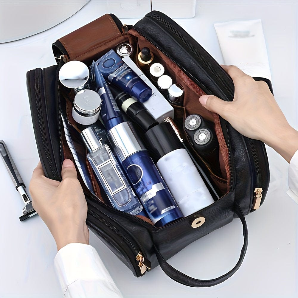 Large Showlu trifold PU leather cosmetic bag with water-resistant design, ideal for travel makeup, brushes, and toiletries storage.