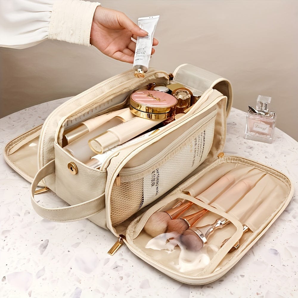 Large Showlu Fashion Store trifold PU leather cosmetic bag with multiple compartments for makeup, toiletries, and travel storage.