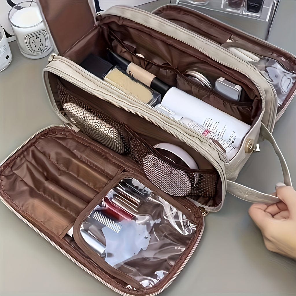 Large Showlu fashion trifold PU leather cosmetic bag with multiple compartments, water-resistant travel makeup and toiletries storage