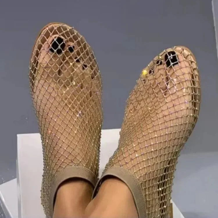 Women's hollow mesh flat sandals with round toe and rhinestone accents, featuring a flat sole and stylish short boot design.