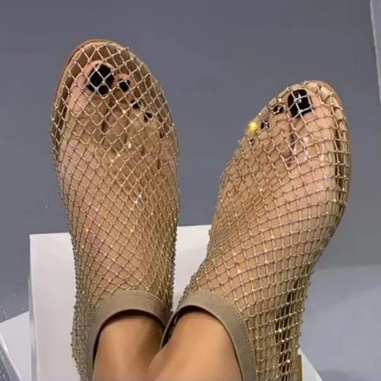 Women's New Luxury Brand Round Toe Flat Bottom Sandals Hollow Short Boots Water Diamond Sexy Flat Bottom Shoes - SHOWLU FASHION STORE