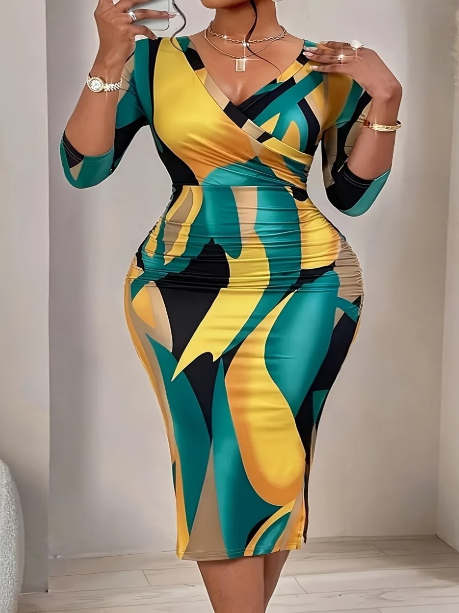 Plus size women's V-neck midi dress with abstract wave print, side slit, and 3/4 sleeves in yellow, green, black for casual spring and summer wear.