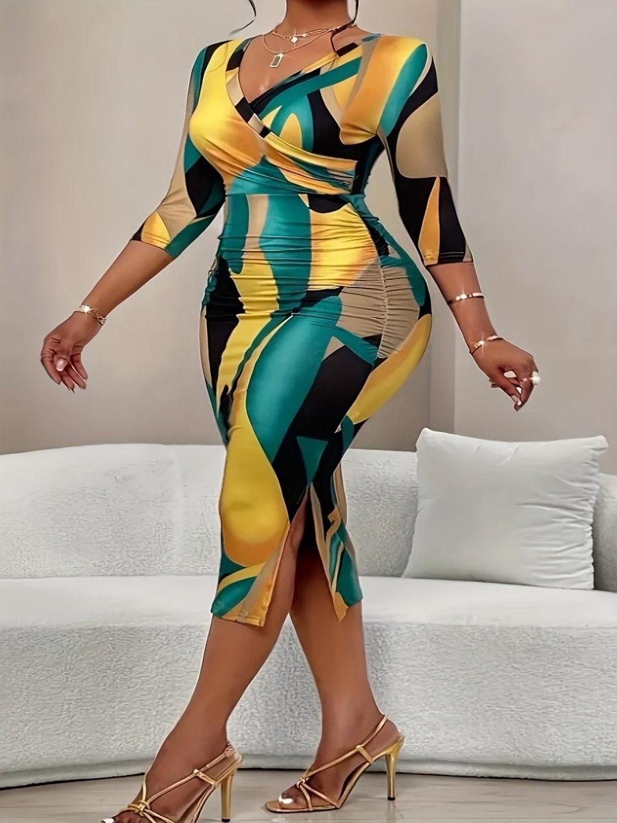 Plus size women's V-neck midi dress by SHOWLU FASHION STORE with abstract wave print, side slit, and 3/4 sleeves in yellow, green, black.