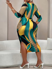 Women's Plus Size Elegant V - Neck Midi Dress, Abstract Wave Print, 3/4 Sleeves, Side Slit Design, Perfect for Spring/Summer/Fall - Yellow, Green, Black, Plus Size Casual Dress - SHOWLU FASHION STORE