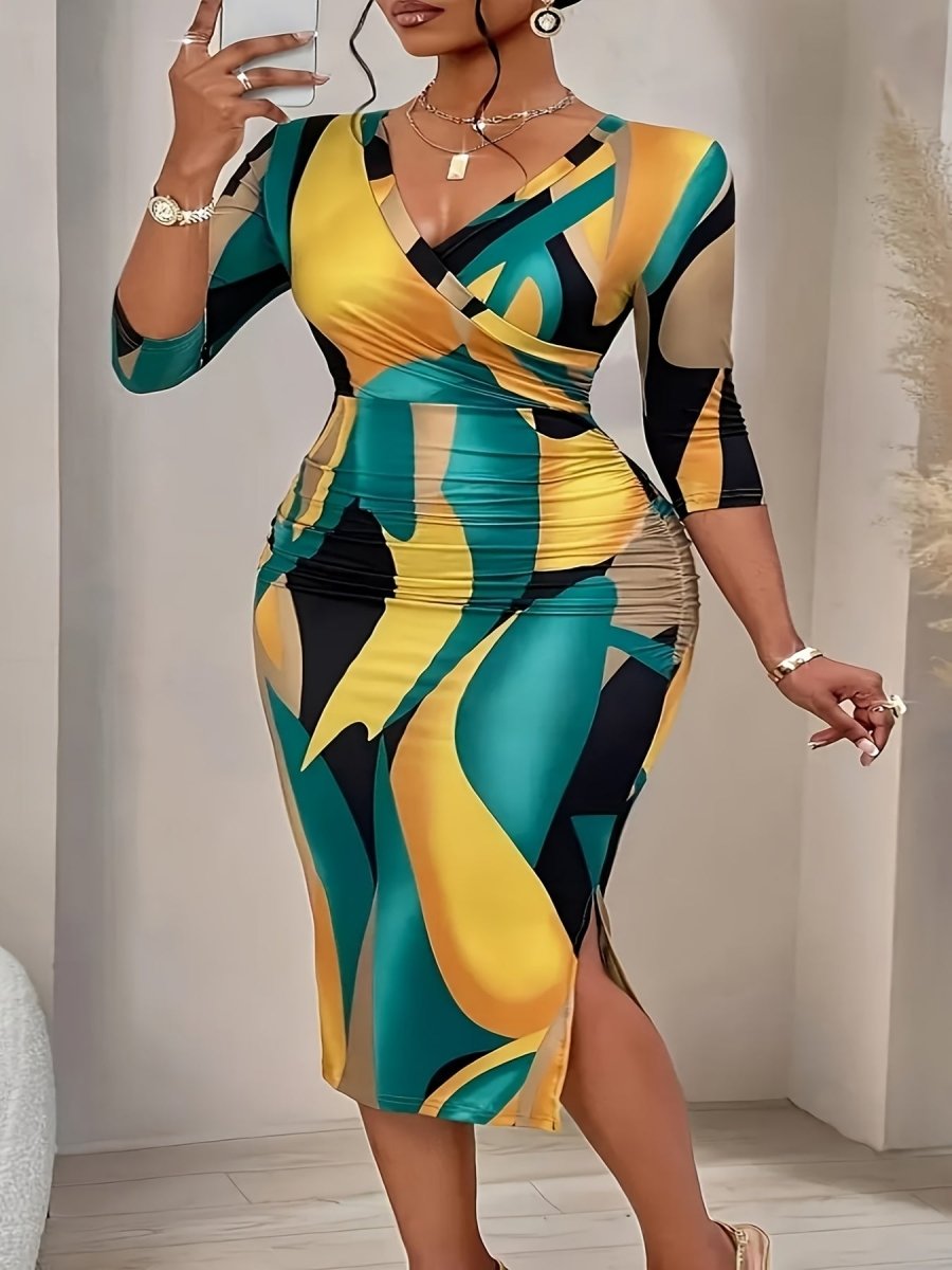 Plus size women's V-neck midi dress by SHOWLU FASHION STORE with abstract wave print, side slit, and 3/4 sleeves in yellow, green, and black.