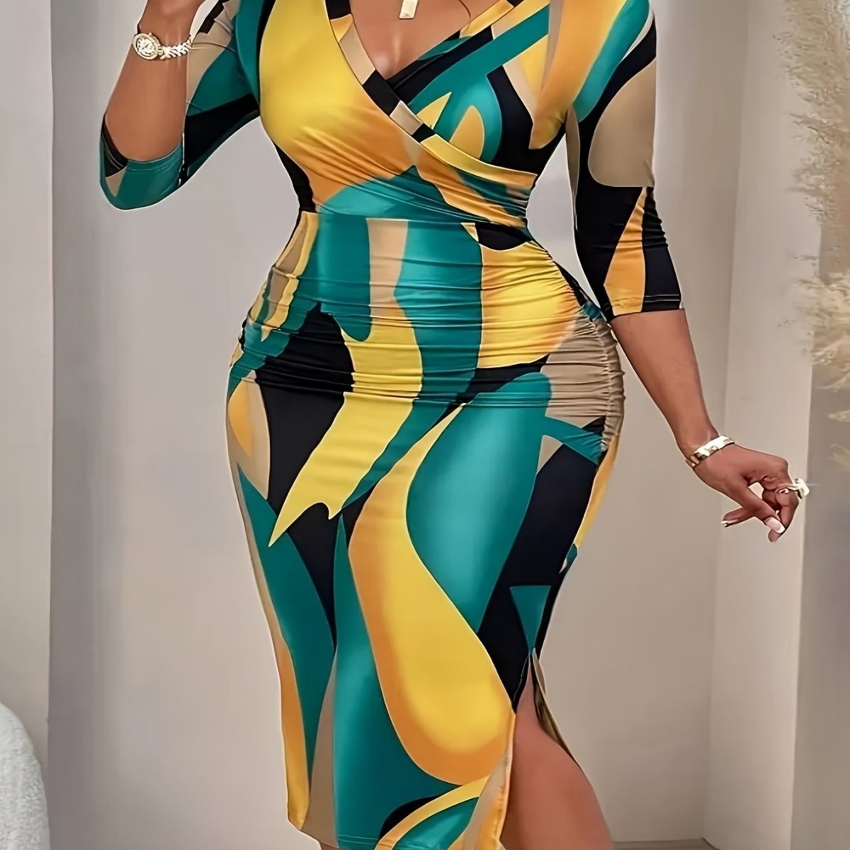 Women's Plus Size Elegant V - Neck Midi Dress, Abstract Wave Print, 3/4 Sleeves, Side Slit Design, Perfect for Spring/Summer/Fall - Yellow, Green, Black, Plus Size Casual Dress - SHOWLU FASHION STORE