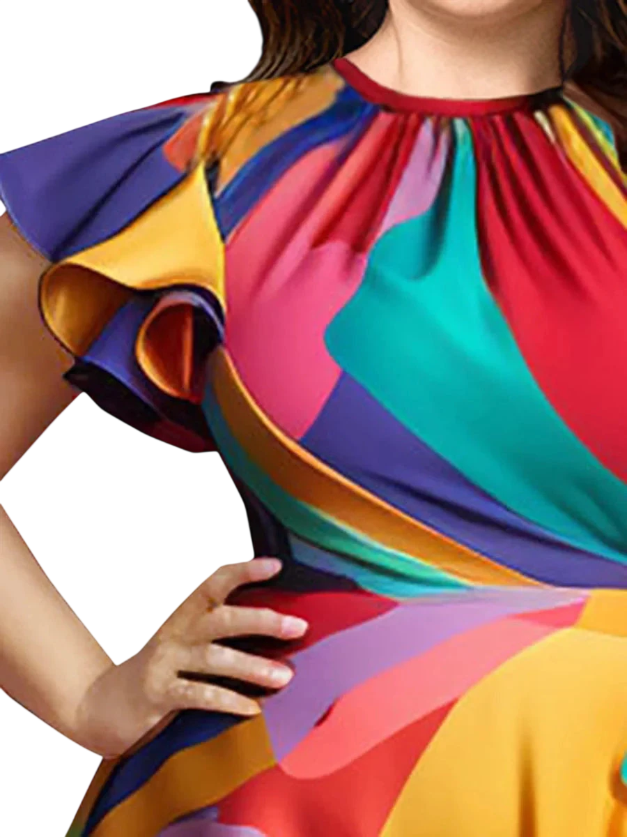 SHOWLU Women's plus size satin midi dress with vintage colorblock design, round neck, petal and short sleeves, perfect for parties.