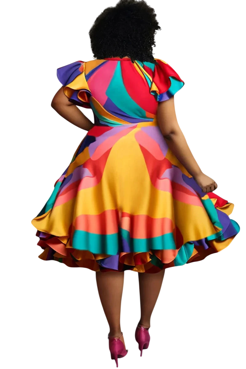 SHOWLU Women's Plus Size Satin Midi Dress with vintage colorblock design, round neck, ruffle petals, and short sleeves.