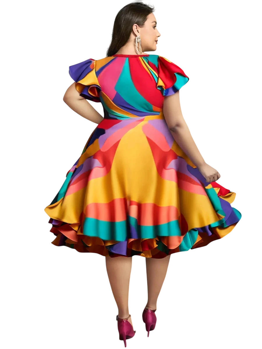 SHOWLU Women's Plus Size Satin Midi Dress with vintage colorblock design, round neck, petal sleeves, perfect for parties.