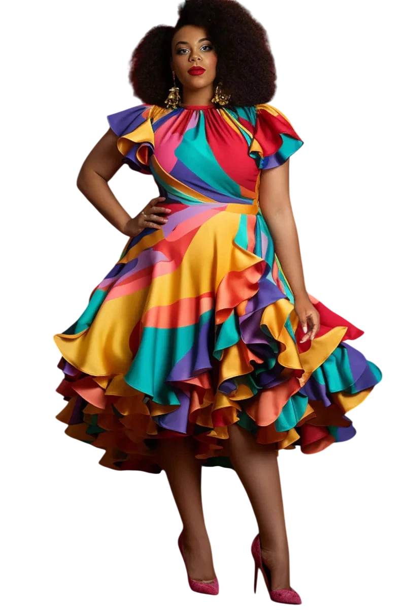 SHOWLU Women's plus size satin midi dress with vintage colorblock design, round neckline, petal short sleeves, perfect for parties.