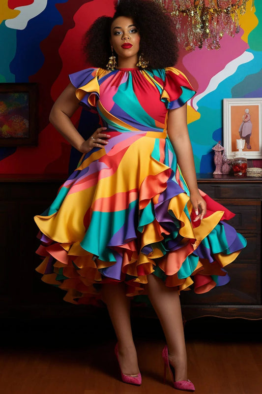 Women's Plus Size Party Vintage Multicolor Colorblock Round Neck Petal Sleeve Short Sleeve Ruffle Satin Midi Dresses Vestidos - SHOWLU FASHION STORE