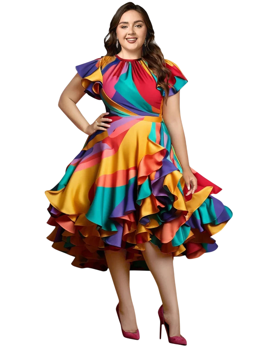 SHOWLU Women's plus size satin midi dress with vintage colorblock design, round neck, petal sleeves, perfect for parties.