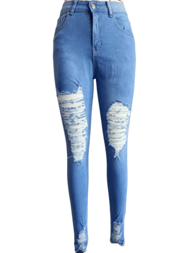 Women's ripped straight leg jeans by SHOWLU FASHION STORE, solid color ankle-length casual pants with pockets and distressed details