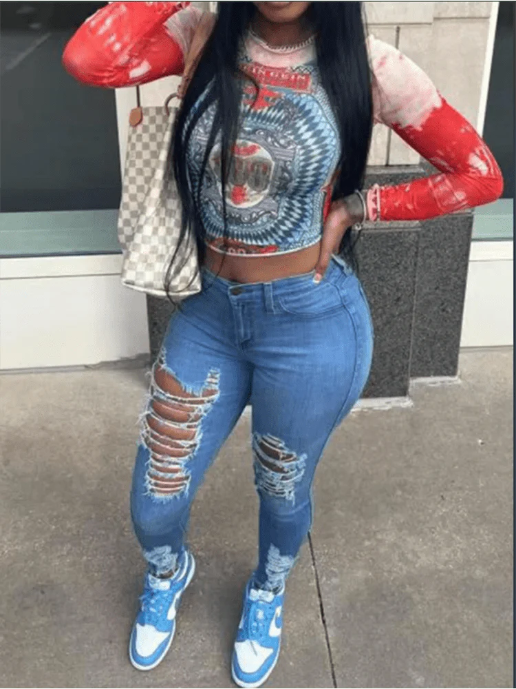Women's ripped straight leg jeans from SHOWLU FASHION STORE, ankle-length, solid color, casual high-street style with front pockets.