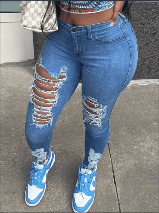 Women's Pocket Ripped Pants High Street Fashion Casual Autumn Solid Color Personalized jeans - SHOWLU FASHION STORE