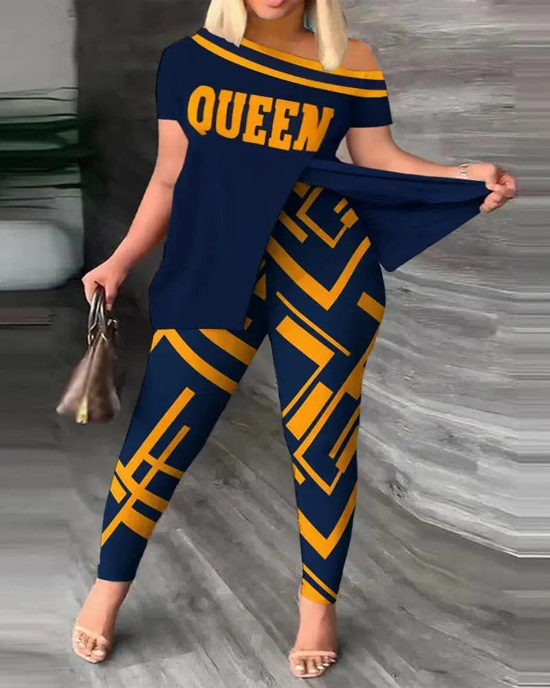 Women's printed two-piece set with slit irregular sloped collar top and pencil pants, stylish and comfortable from SHOWLU FASHION STORE