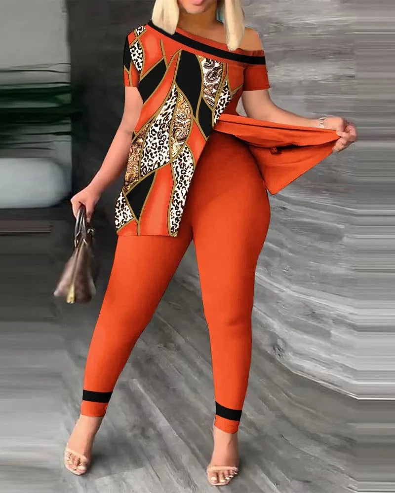 Women's printed two-piece set with slit irregular skew collar top and pencil pants, stylish fashion from SHOWLU FASHION STORE