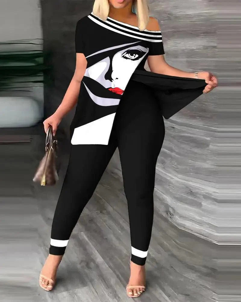 Women's printed two-piece set with slit skew collar top and pencil pants, stylish and comfortable from SHOWLU FASHION STORE.