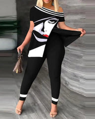 Women's Printed Two - piece Set With Slit Irregular Sloped Collar Top T-shirt Printed Trousers Two - piece Set Fashionable - SHOWLU FASHION STORE