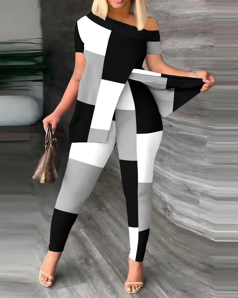 Women's printed two-piece set by SHOWLU FASHION, featuring a skew collar top with slit and printed pencil pants.