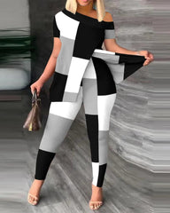 Women's Printed Two - piece Set With Slit Irregular Sloped Collar Top T-shirt Printed Trousers Two - piece Set Fashionable - SHOWLU FASHION STORE