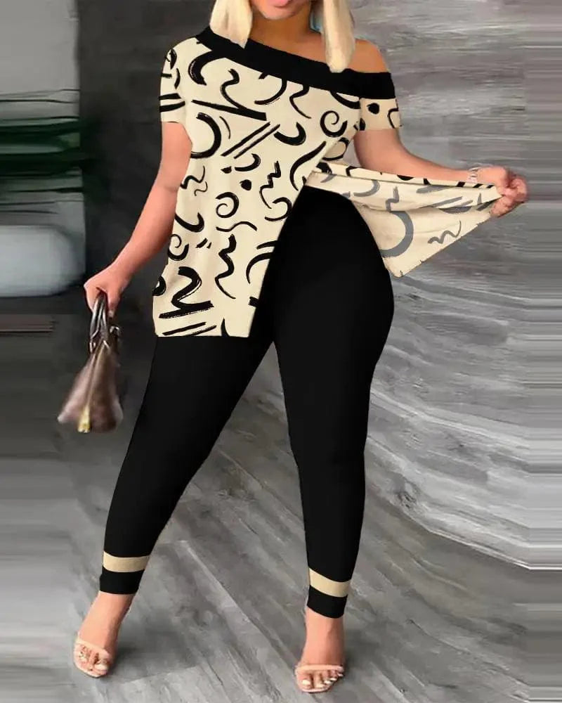 Women's printed two-piece set with skew collar top and pencil pants, featuring a slit and irregular sloped collar, from SHOWLU FASHION STORE.