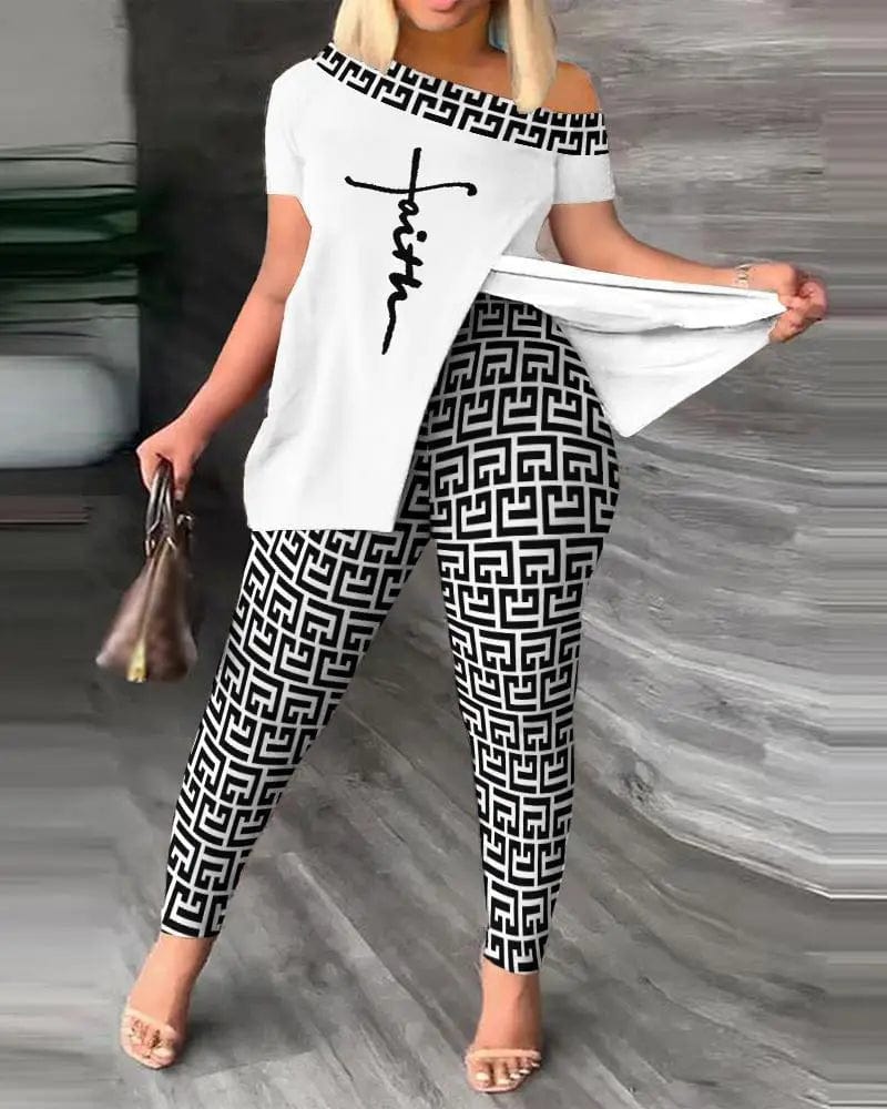Women's Printed Two - piece Set With Slit Irregular Sloped Collar Top T-shirt Printed Trousers Two - piece Set Fashionable - SHOWLU FASHION STORE