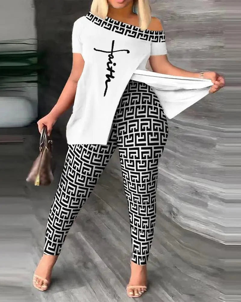 Women's printed two-piece set with skew collar top and pencil pants, featuring a slit and irregular sloped collar, from SHOWLU FASHION STORE.