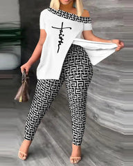 Women's Printed Two - piece Set With Slit Irregular Sloped Collar Top T-shirt Printed Trousers Two - piece Set Fashionable - SHOWLU FASHION STORE