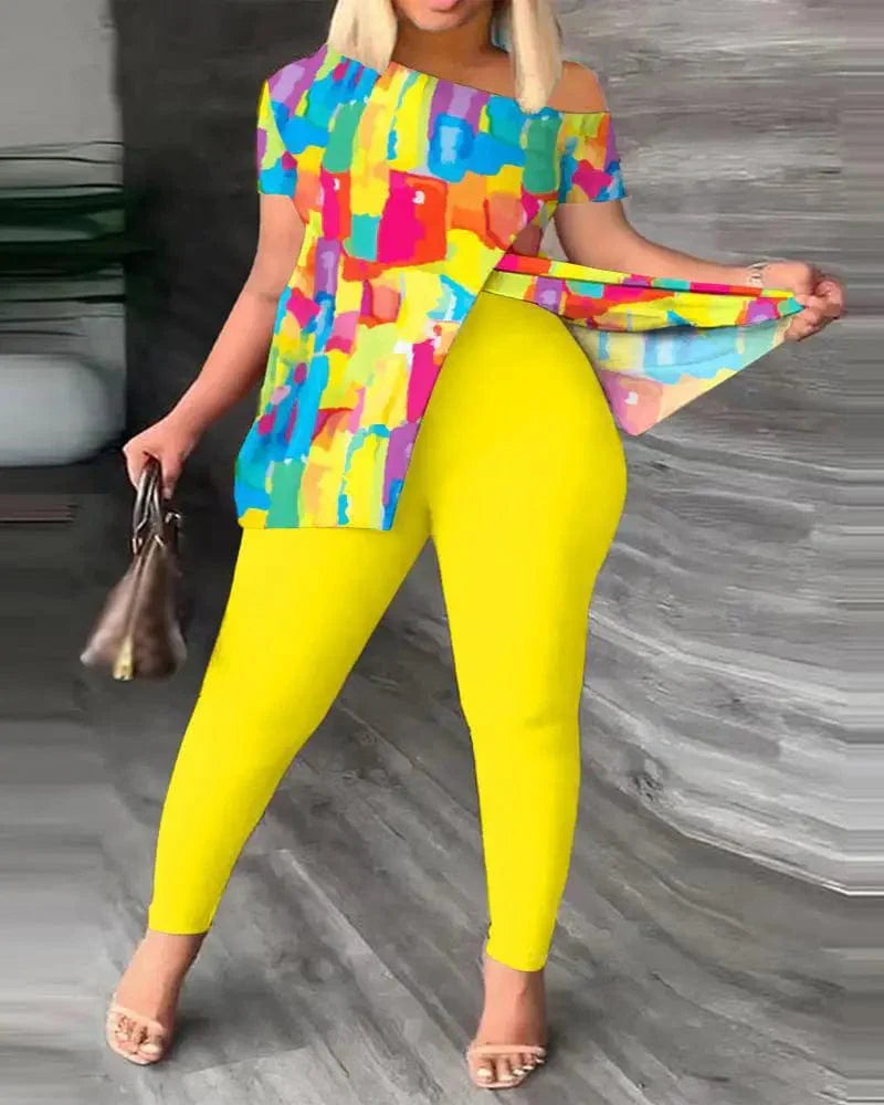 Women's printed two-piece set by SHOWLU FASHION with a skew collar top and pencil pants, featuring a stylish slit and irregular collar.