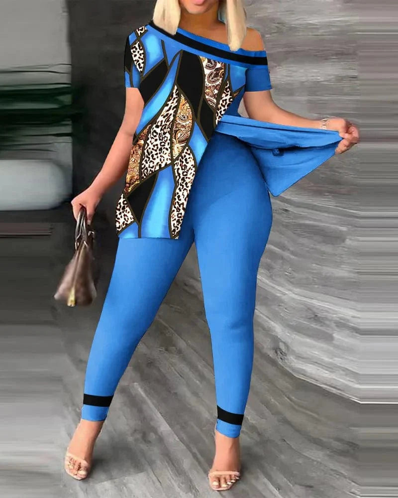 Women's printed two-piece set with skew collar top and pencil pants, featuring a slit and irregular sloped collar, by SHOWLU FASHION STORE.