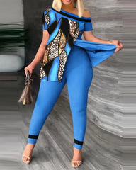 Women's Printed Two - piece Set With Slit Irregular Sloped Collar Top T-shirt Printed Trousers Two - piece Set Fashionable - SHOWLU FASHION STORE