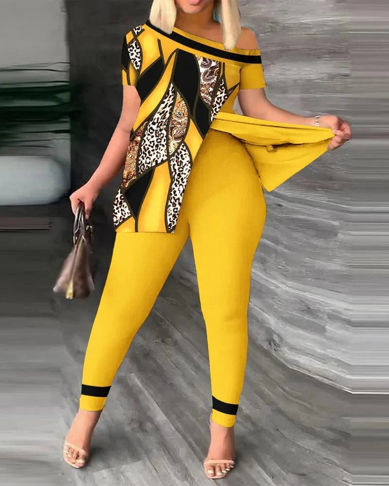 Printed women's two-piece set with skew collar top and pencil pants, featuring a stylish slit and irregular sloped collar.