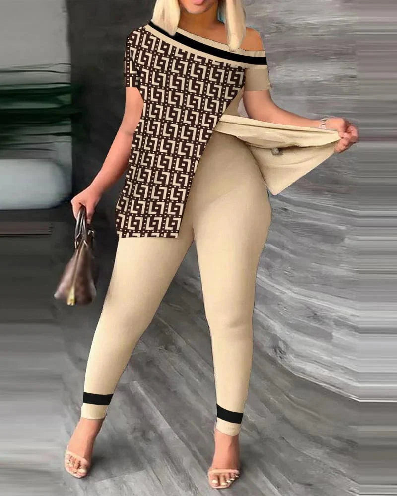 Women's printed two-piece set with slit skew collar top and pencil pants, stylish and fashionable from SHOWLU FASHION STORE