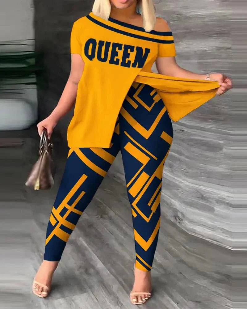 Women's printed two-piece set by SHOWLU FASHION, featuring a skew collar top with slit and matching pencil pants.