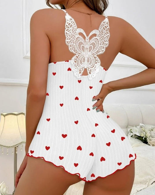 Women's Romper Casual Home Butterfly Pattern Heart Print Contrast Lace Bowknot V - Neck Spaghetti Strap Skinny Pajama Romper - SHOWLU FASHION STORE