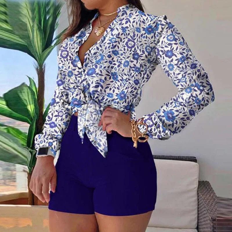 YIFANFAN women's two-piece office set with V-neck shirt and shorts, slim fit, elegant long sleeves, and belt for summer fashion.