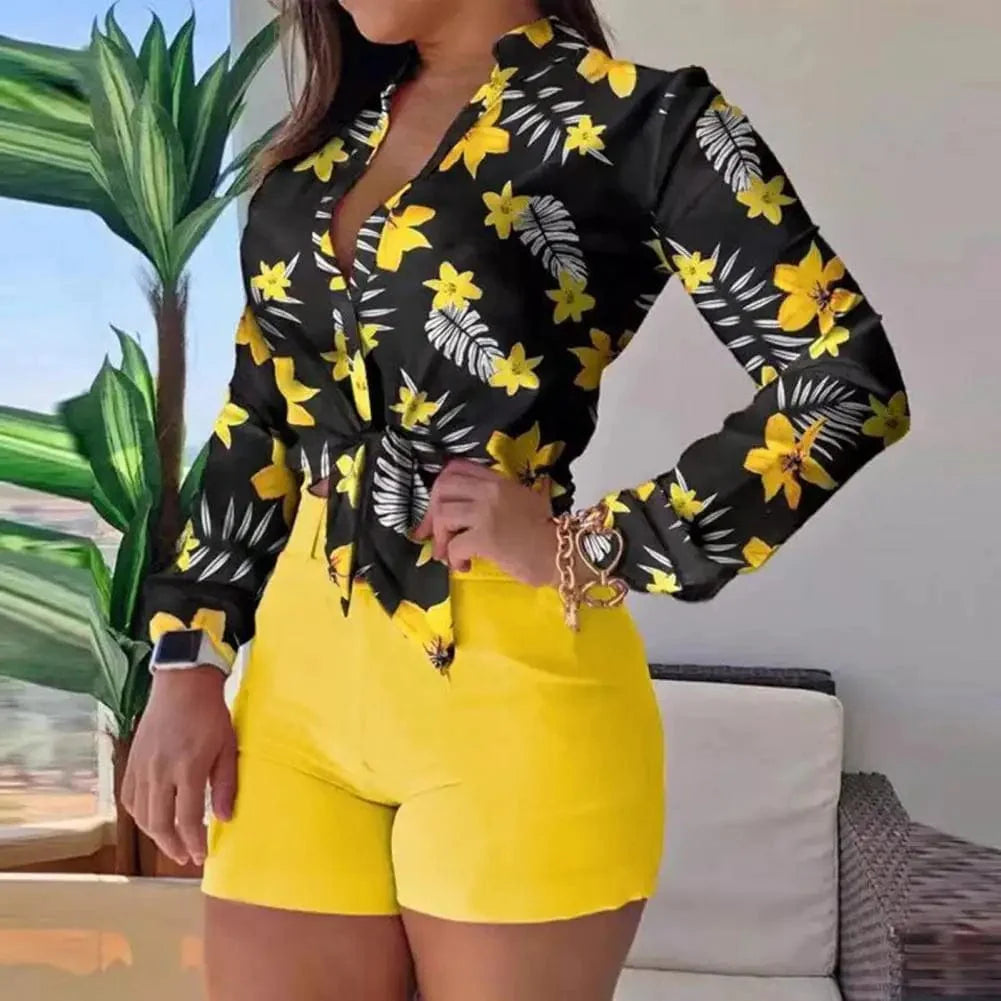 YIFANFAN women's two-piece office set with V-neck shirt and shorts, stylish summer fashion, slim fit, elegant blouse and belt.