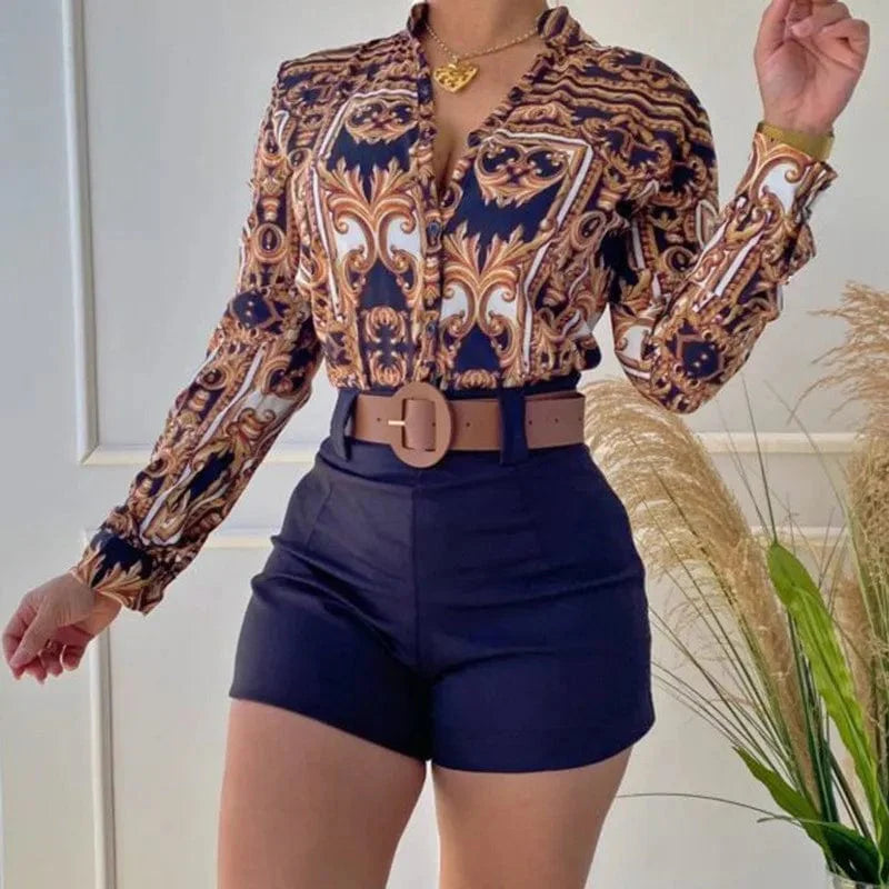 YIFANFAN women's two-piece office set with V-neck shirt and shorts, slim fit, long sleeves, belt, stylish for summer office wear