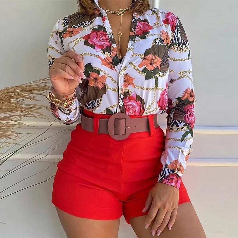 YIFANFAN women's two-piece office set with V-neck shirt and shorts, featuring a slim fit, belt, and elegant long-sleeve blouse.