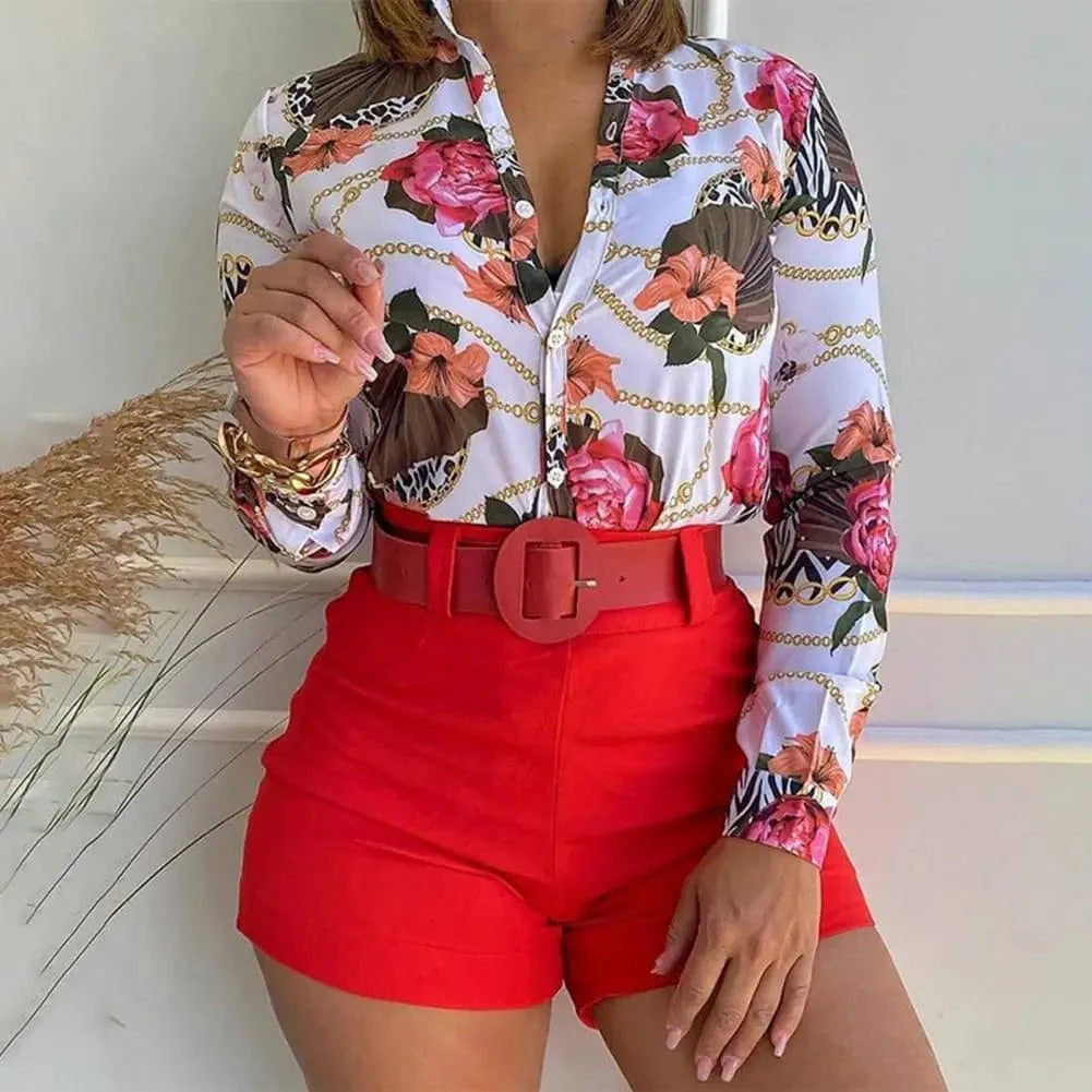 YIFANFAN women's two-piece office set with V-neck shirt and shorts, slim fit, elegant summer fashion by SHOWLU FASHION STORE.