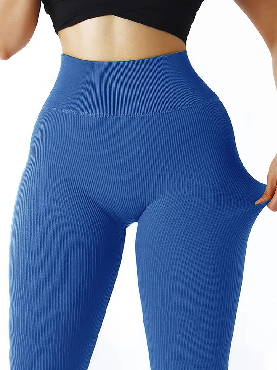 Showlu Fashion women's high waist ribbed seamless yoga and cycling leggings in solid color for fitness and daily wear.