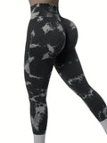 Showlu Women's tie-dye seamless high waist yoga pants in peach, nylon leggings with a flattering fit for fitness and casual wear.