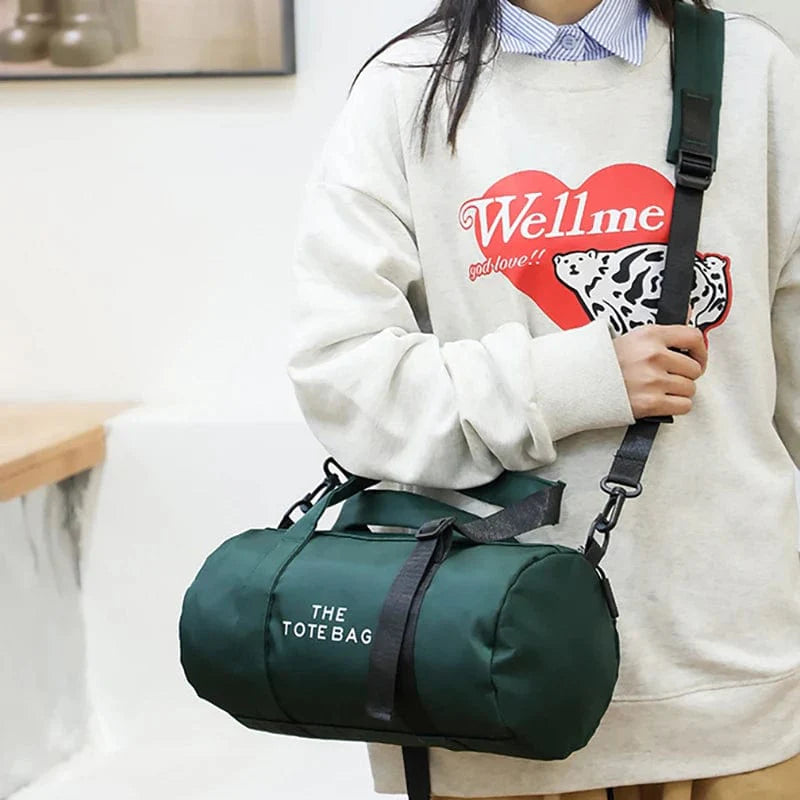 Showlu Women's nylon gym bag with shoulder straps, compact duffle design, ideal for yoga, fitness, travel, and outdoor use.