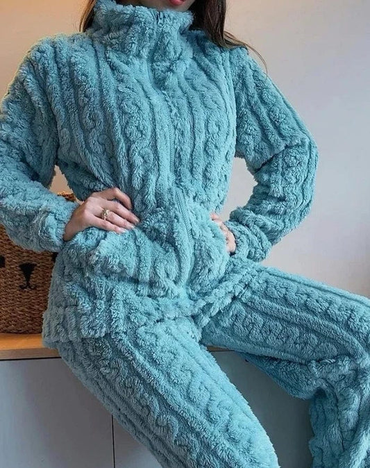 Women's Two Pieces Pajamas Set Autumn Jacquard Textured Stand Collar Zip Up Fuzzy Teddy Long Sleeve Top & Pants Set Thick Warm - SHOWLU FASHION STORE